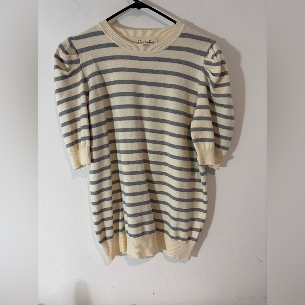 Vine & Love Womens Large Short Puff Sleeve Sweater Stripes Business Casual